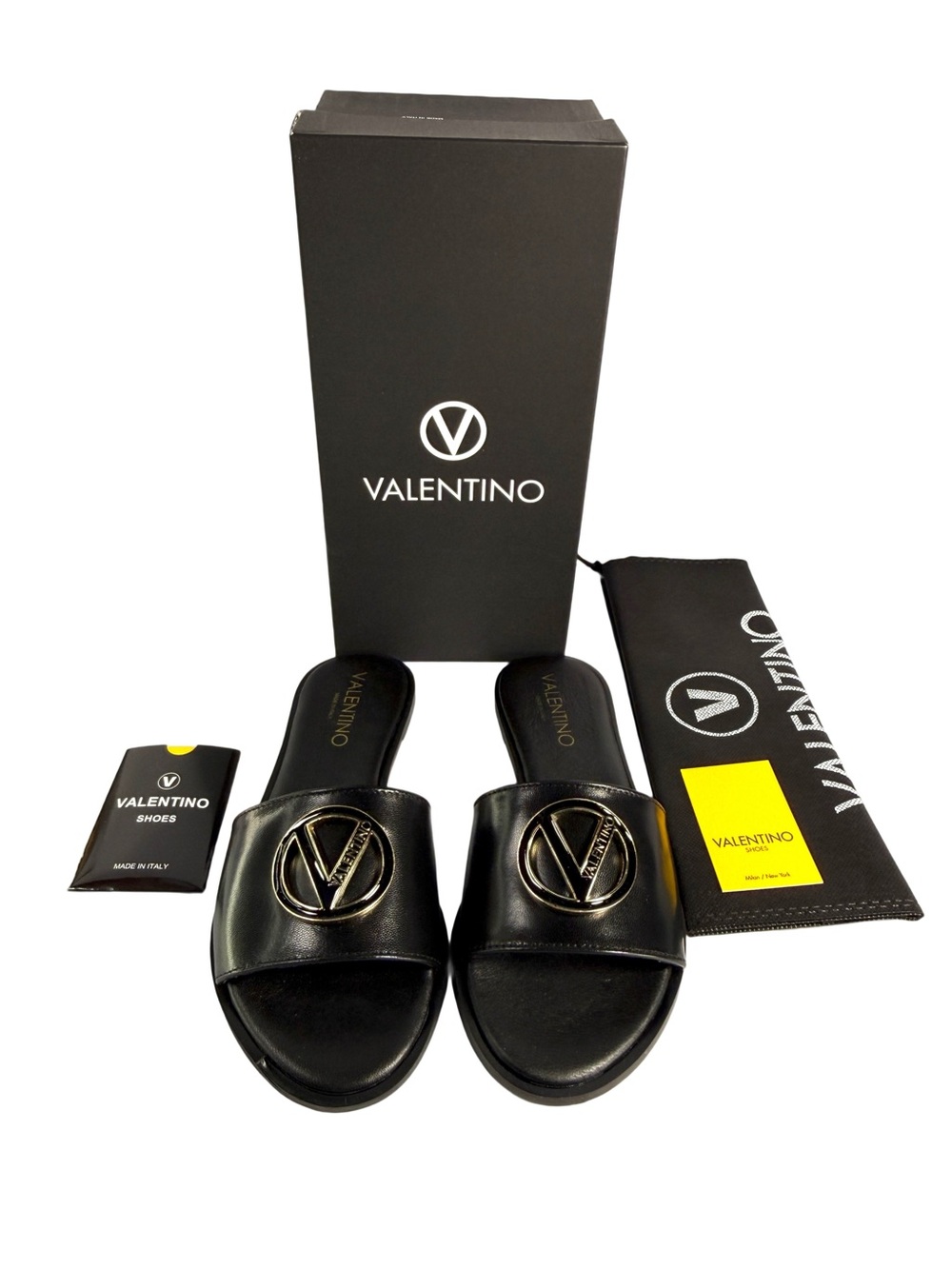 Valentino Black Leather Logo Slide Sandals